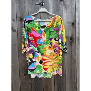Jams World SHIRAZ Abstract Floral Crinkle Vintage Rayon Top Multi Color Womens M